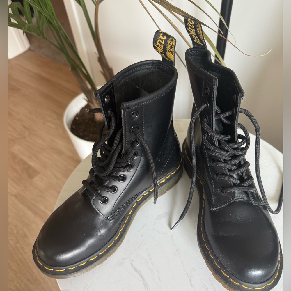 Dr. Martens Black Leather Boots with Yellow Stitching - Like New